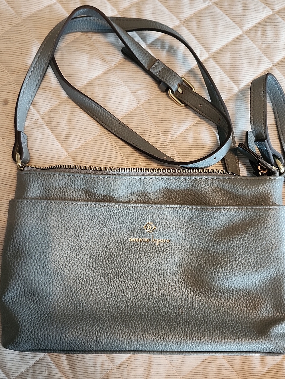 Nanette Lepore Slate Gray Leather Crossbody with Gold Logo